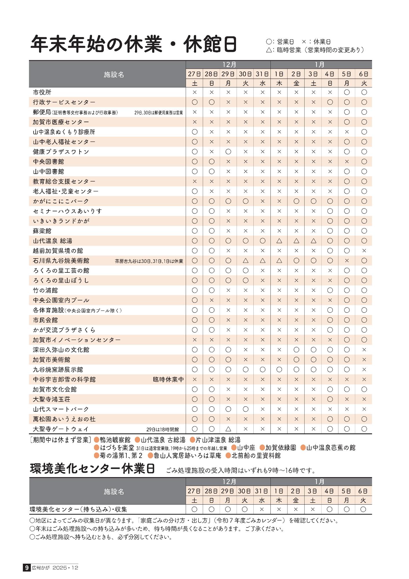 年末年始の休業・休館日