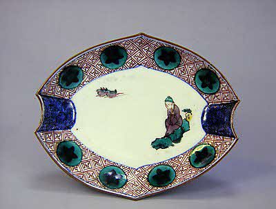 鴛鴦に岩人物図分銅形皿