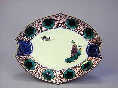 鴛鴦に岩人物図分銅形皿