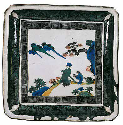 李白観山図隅切角皿