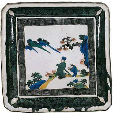 李白観山図隅切角皿