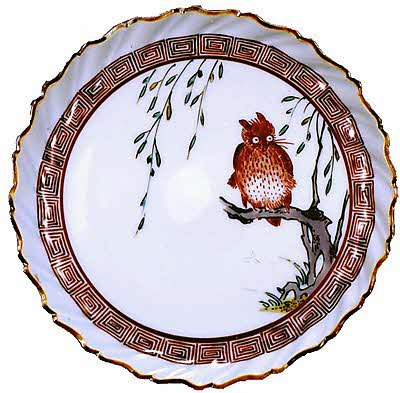 柳にミミズク図雷文繋捻輪花皿