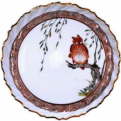 柳にミミズク図雷文繋捻輪花皿