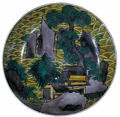 青海波文山水家屋図平鉢