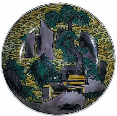 青海波文山水家屋図平鉢
