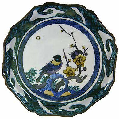 色絵梅に鶯図輪花中皿