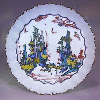 色絵山水図輪花小皿