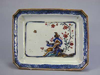 色絵花鳥文隅切長四方皿