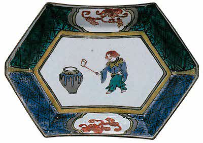 猩々図変形六角皿