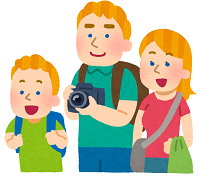 リュックやカメラを持った金髪の男性と女性と子供のイラスト