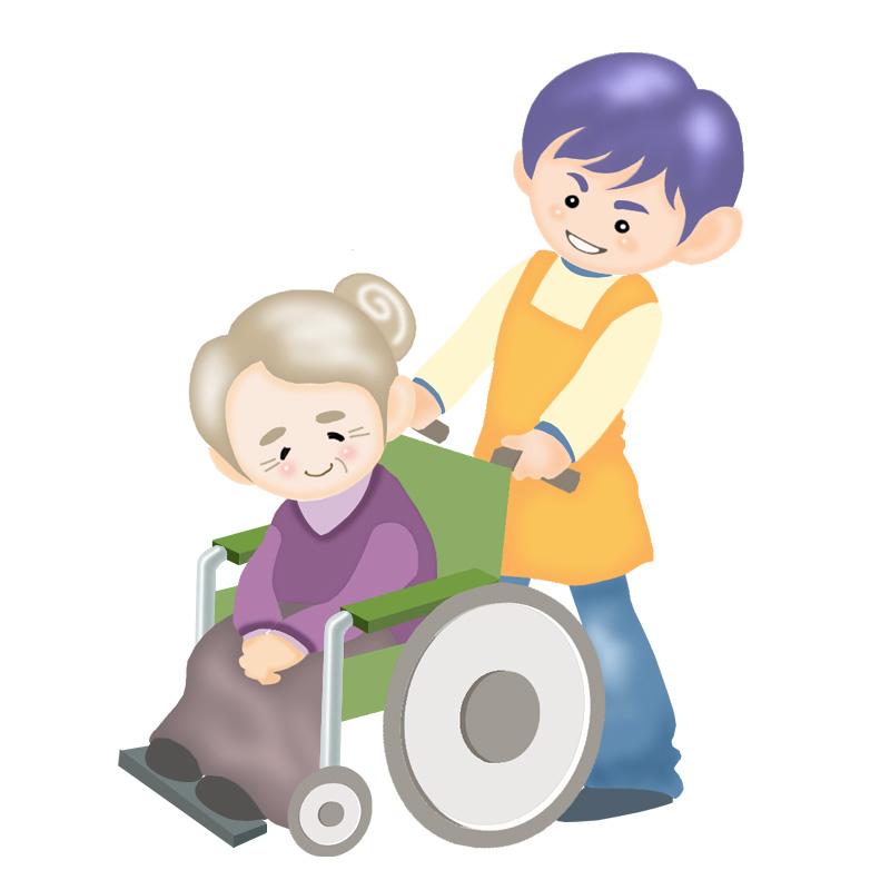 車いすに乗っているおばあさんと、エプロンを付けて車いすを押している若い男性のイラスト