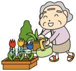 お花に水をあげている高齢女性のイラスト