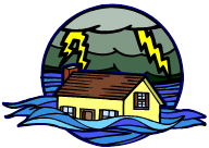 空から雷が落ち、水に流されている家のイラスト